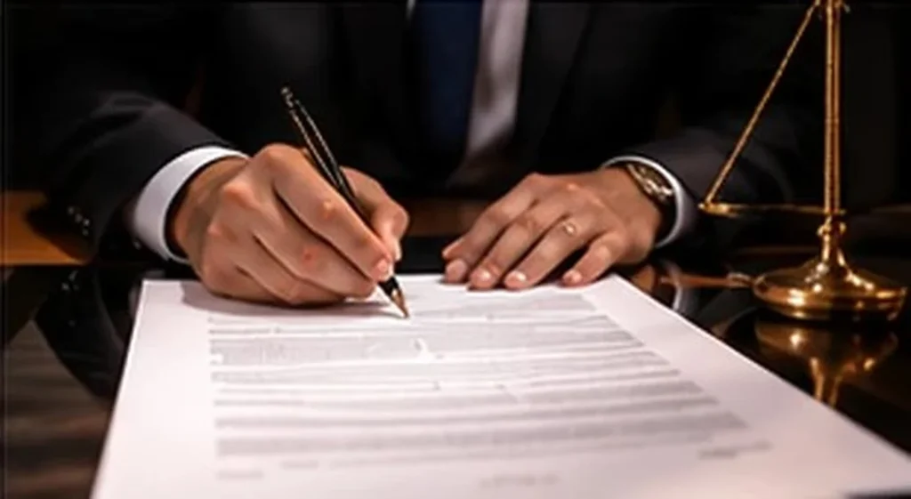 Lawyer signing legal documents